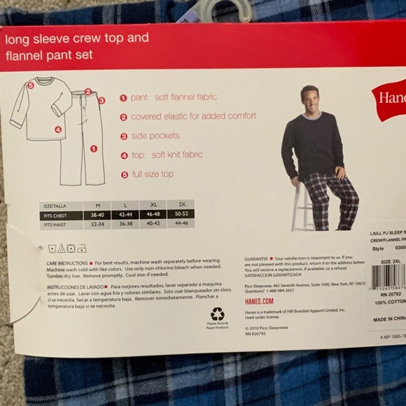 Hanes Mens PJ Set - LS Crew Top and Flannel Pants, Mens 2X, Blue Plaid - Picture 5 of 5
